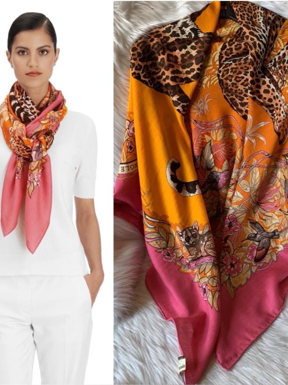 Hermes Jungle Love Shawl 140 Scarf Rose Silk/Cashmere